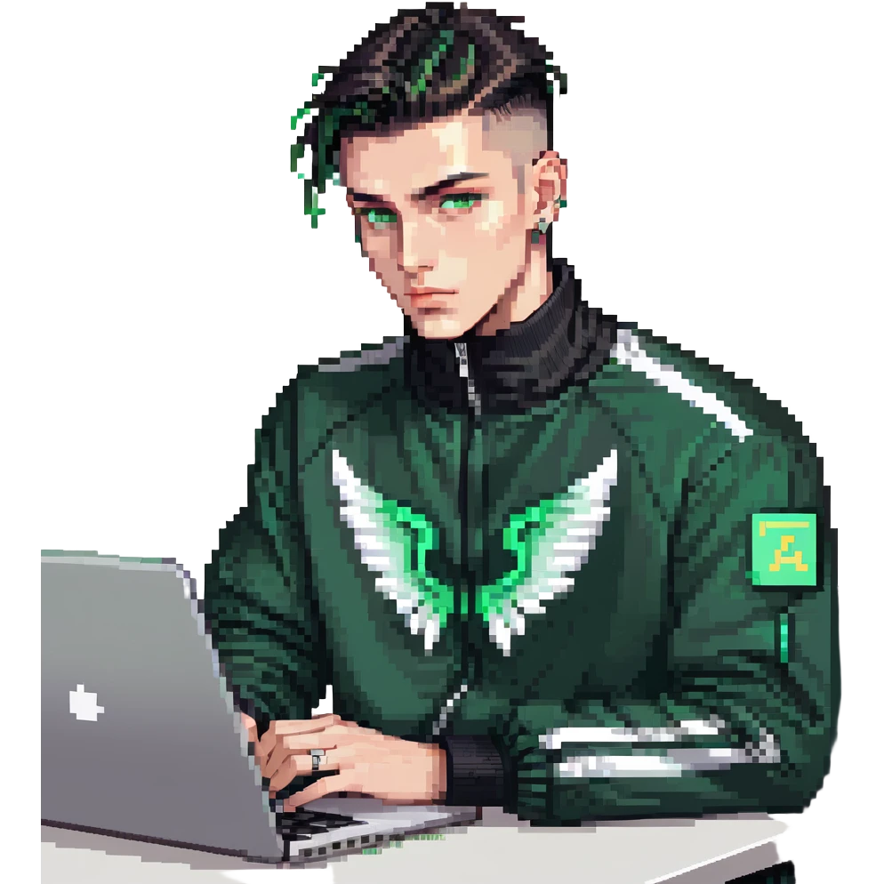 male with dark hair, wearing a black palm angels tracksuit, high fade haircut, slick back hairstyle, green eyes, green aura, coding on black laptop emoji