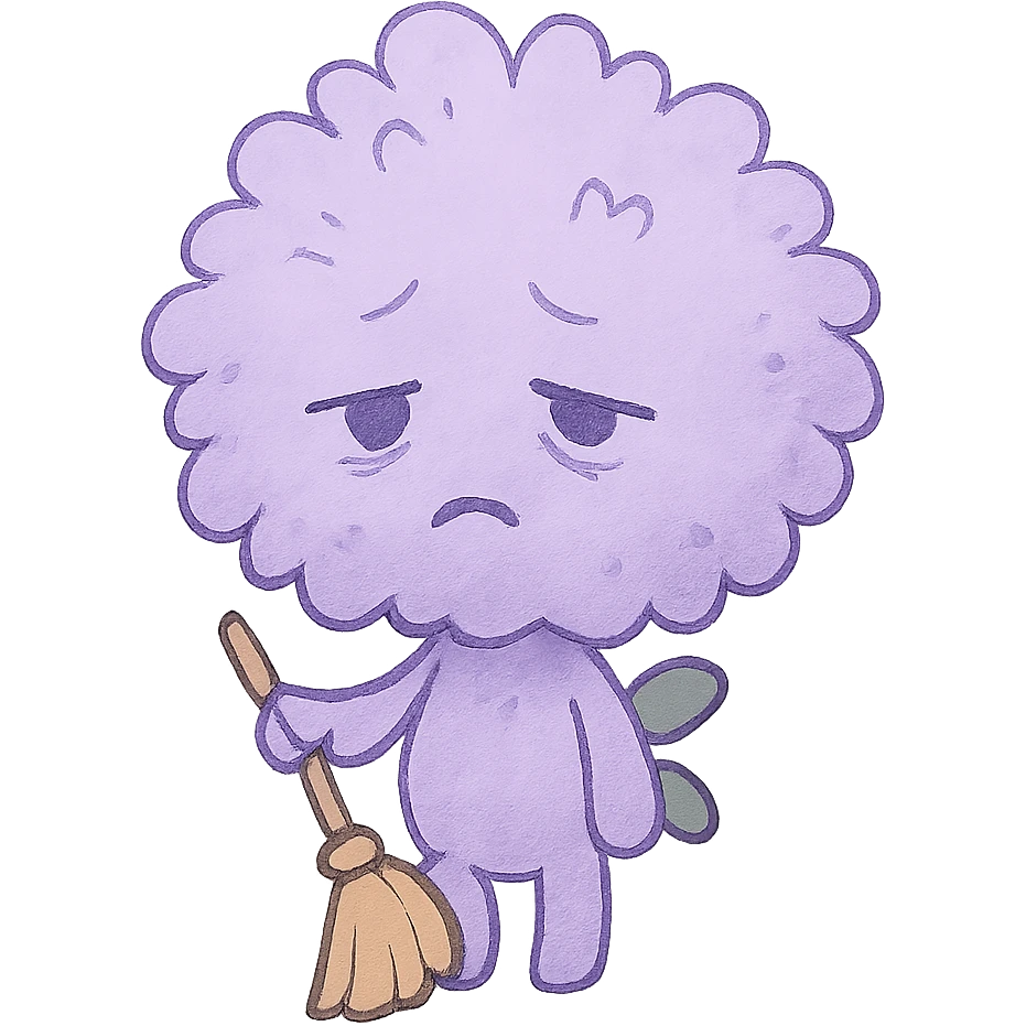 chibi fluffy lavender flower, soft purple, holding a tiny broom, tired face, full-body emoji