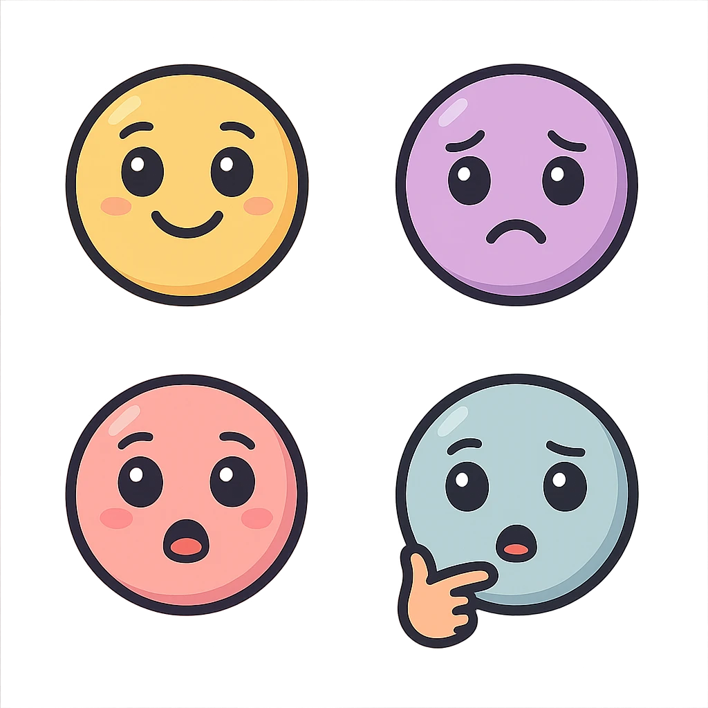 cute emoji faces on one sheet: smiling, sad, thoughtful, shocked, with more detailed eyes and mouths, expressive features, vector look with shadows and highlights, detailed shading, thin clean outlines, soft rounded features, pastel palette #98B5BC #B5B3C1 #C9A3C9 #E4C0CA #F7DCD1 #F7C0AA, Japanese pop art, sticker look, highly detailed, transparent background emoji