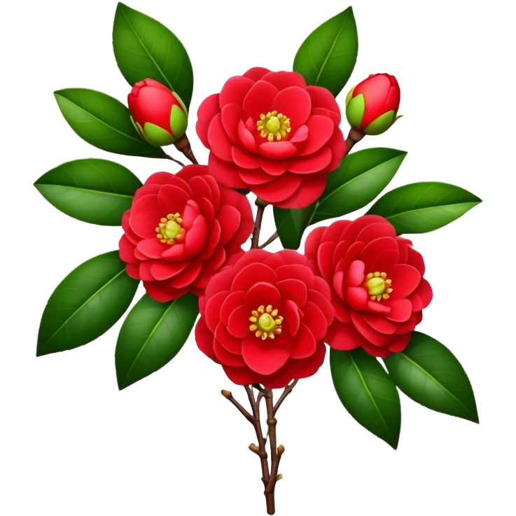 bouquet Red Camellia, luxuriant, stem, leaf, bud emoji
