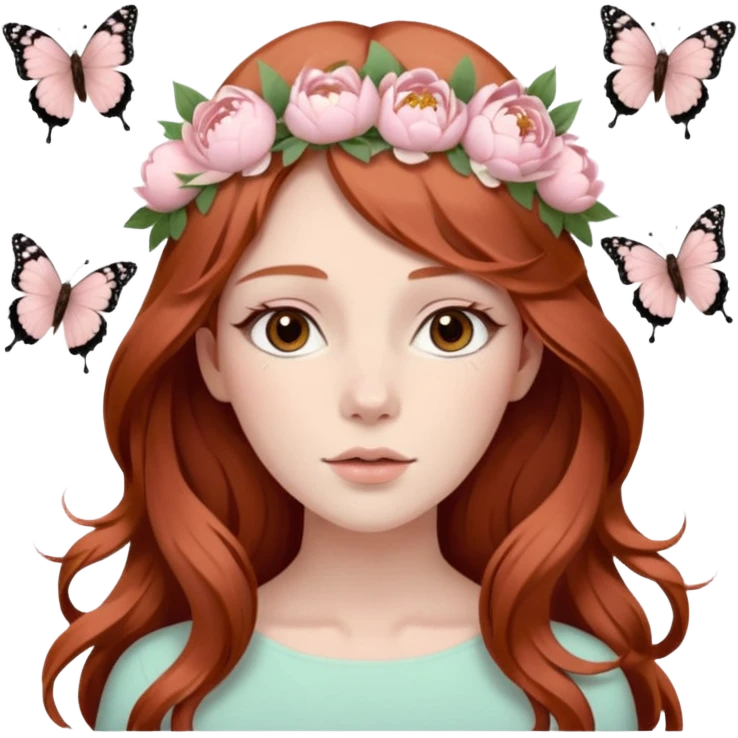 Woman with long flowing auburn hair wearing a pastel flower crown with pale pastel pink peonies and cream colored roses and butterflies in it emoji