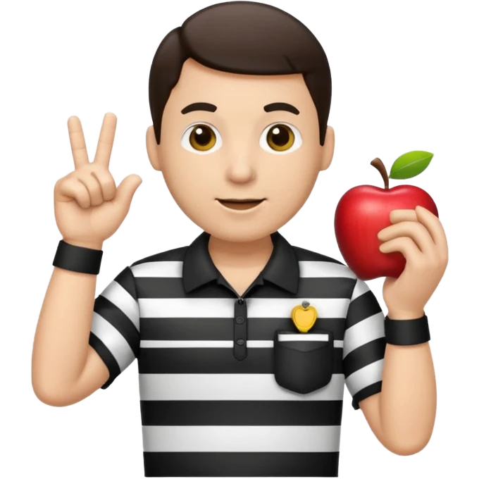 referee emoji, apple style, making hand signal, black and white striped shirt, whistle emoji