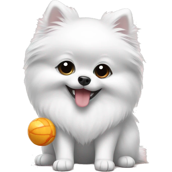 White Pomeranian holding a toy emoji