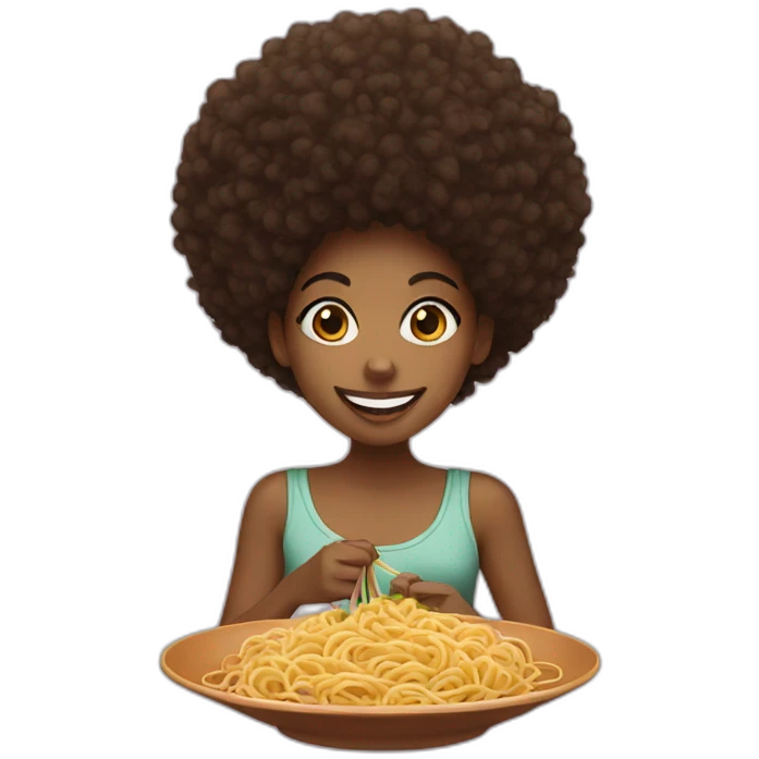 Black Girl with afro smiling and eating spaghetti emoji