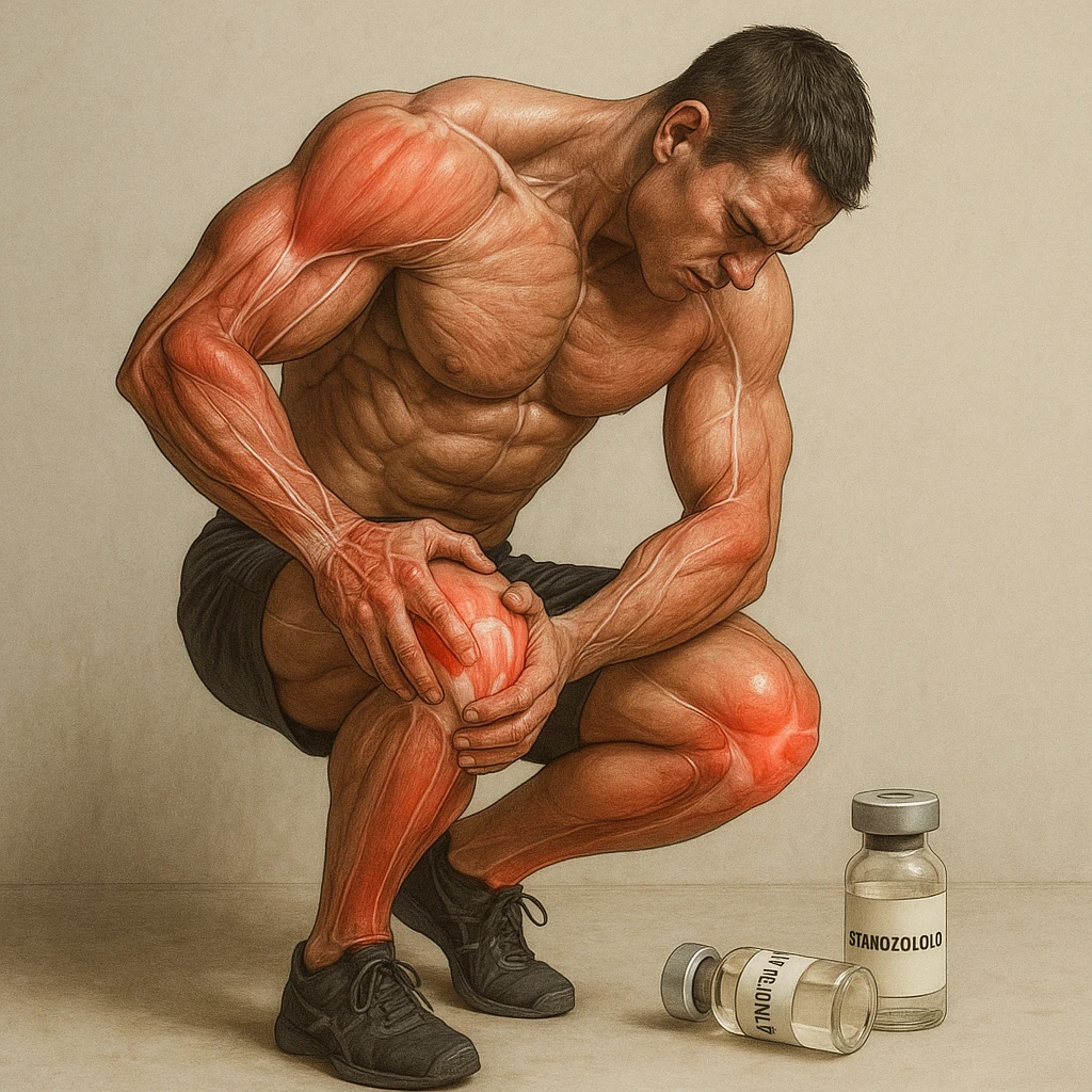 realistic and anatomical crossfit athlete showing joint pain throughout the body; detailed muscles and joints; vials labeled 'Stanozololo' nearby; natural lighting; neutral background emoji