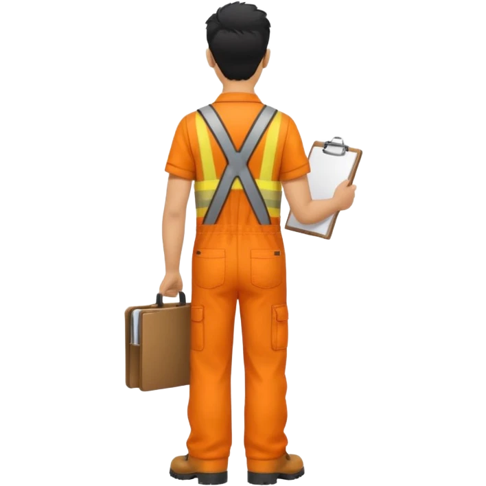 Indian male railway engineer orange overalls, boots holding a clipboard back view emoji