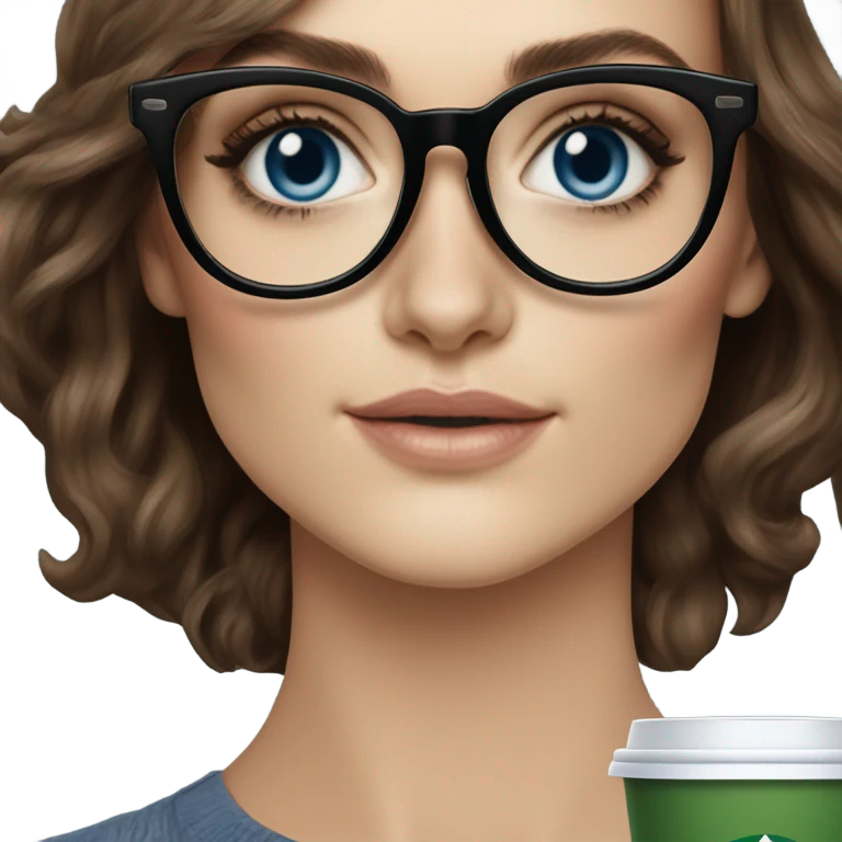  ⁸lHyper Realistic Photo keireav Knightly wearing black glasses and blue eyes holding Starbucks  emoji