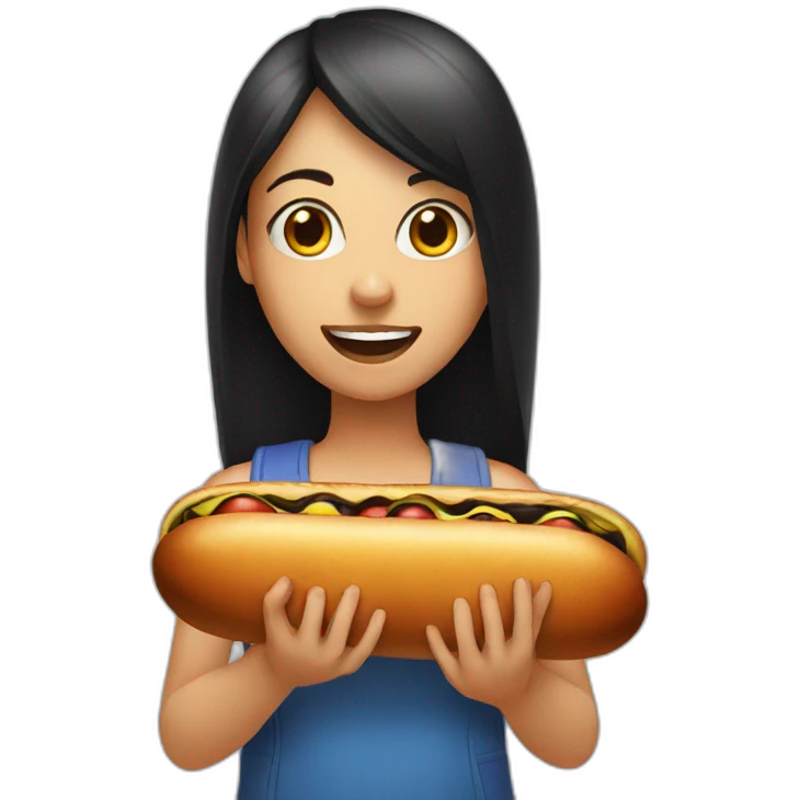 girl holding large black hotdog near mouth emoji