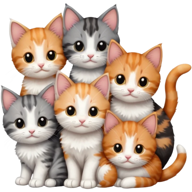 6 tiny kittens cuddling together all different colours, the first one is grey and white, the second is ginger and white and the third is brown tabby and white emoji