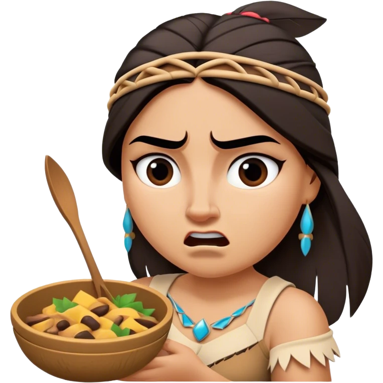 Cinematic Funny Pocahontas Portrait Emoji, Looking bewildered as Meeko steals her food, one brow raised in playful frustration, a warrior princess caught in a hilariously relatable moment, wild yet endearing! emoji