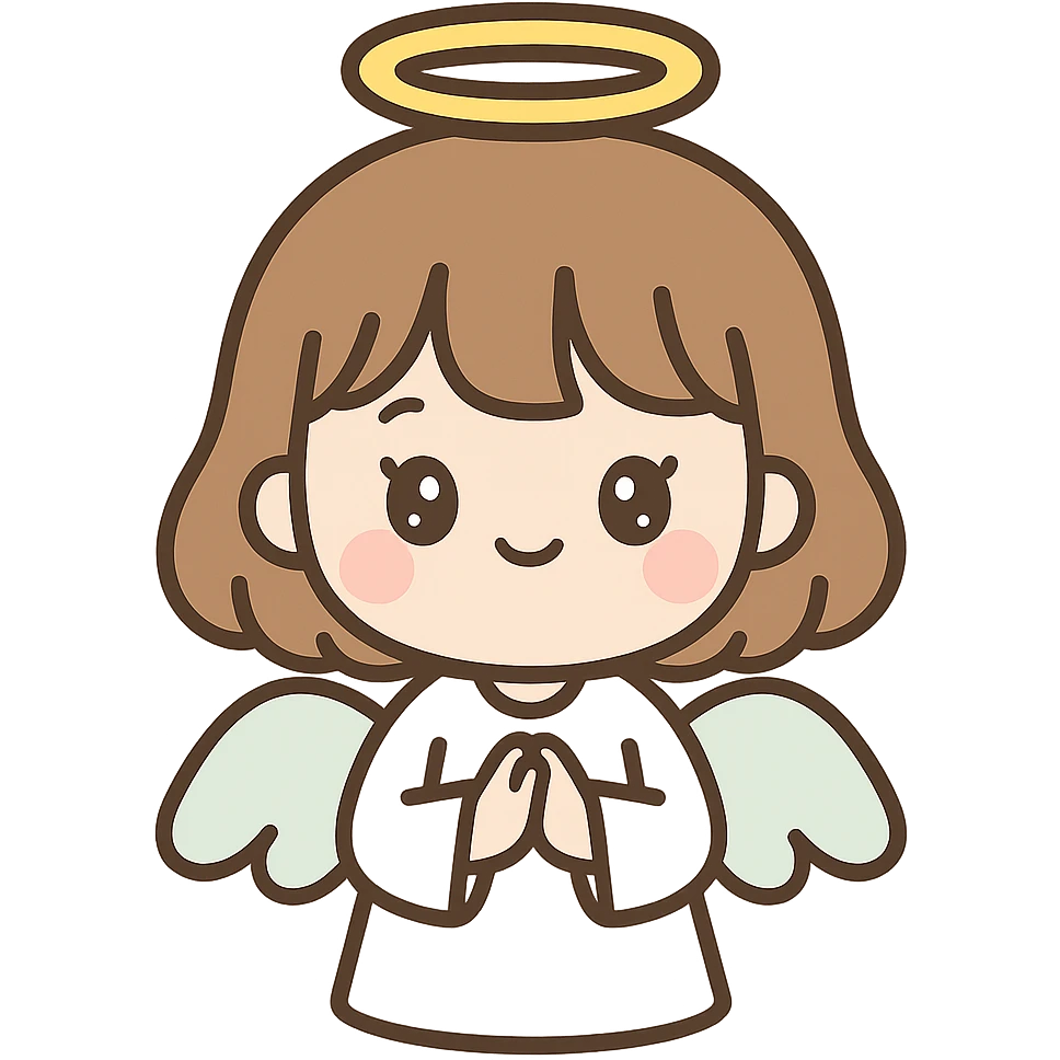 adorable brown haired girl with bangs and lashes, dressed as an angel, white robe, golden halo, sweet expression emoji