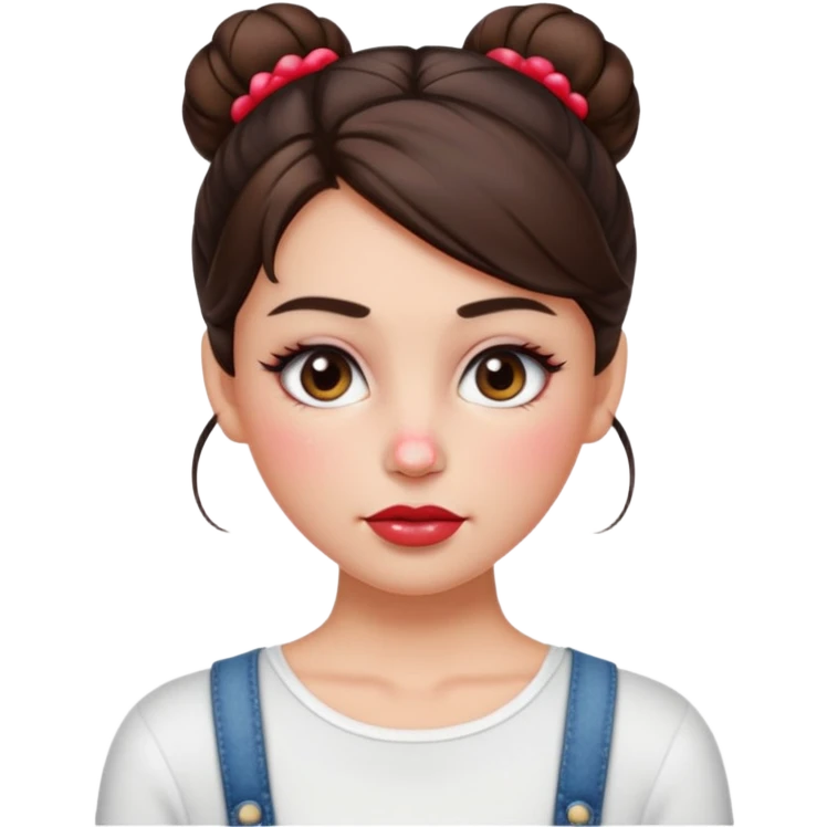 “Emoji brunette girl hair in bun white top, dewy skin, heavy blush across cheeks and nose bridge, glossy cherry lips, soft eyeliner, teary sparkling eyes like hanni from new jeans emoji