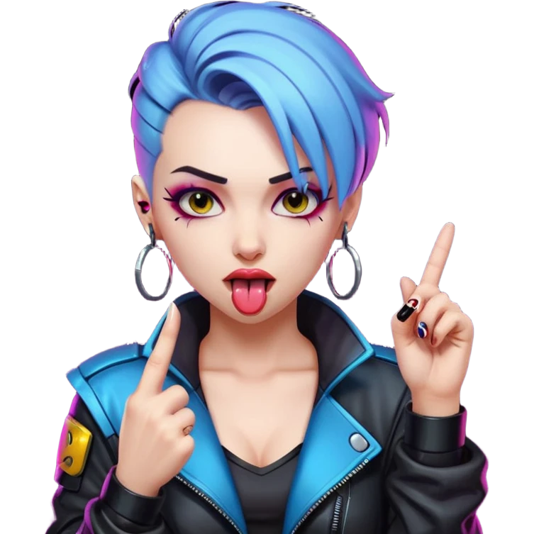 Woman with her tongue out in cyberpunk clothing and giving the middle finger. Looking naughty. emoji