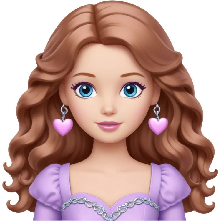 Barbie girl Chestnut long wavy hair and blue eyes is In pale purple clothes There are silver hearts all around emoji