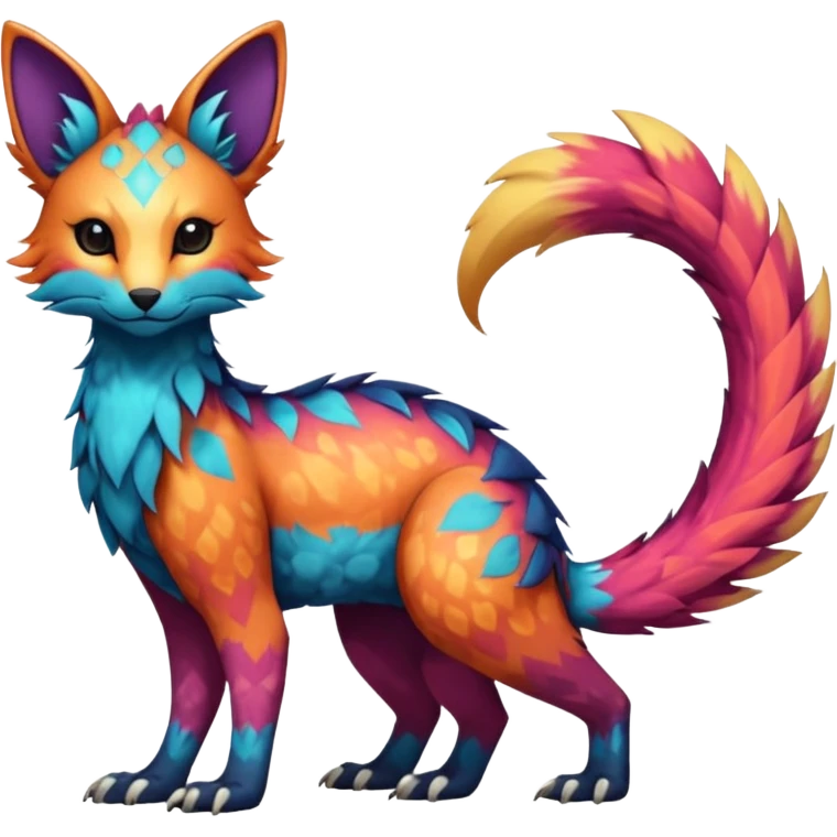Beautiful pretty cool edgy elegant realistic Feral Rare Fantasy colorful vibrant Vernid-Trico-species-Fakemon-creature by LiLaiRa, random markings, tufted tail, tufted ears, full body emoji