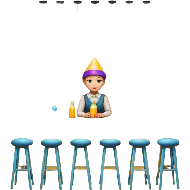 A 3D cartoon bar counter with tall stools, hanging yellow lights, and shelves filled with colorful bottles in the background. Smooth textures, warm ambient lighting, realistic reflections, dark background, Memoji-style design. emoji