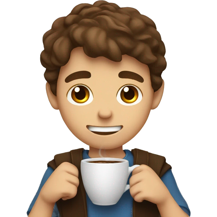 smiling boy with brown hair very stressed with coffee and sword emoji