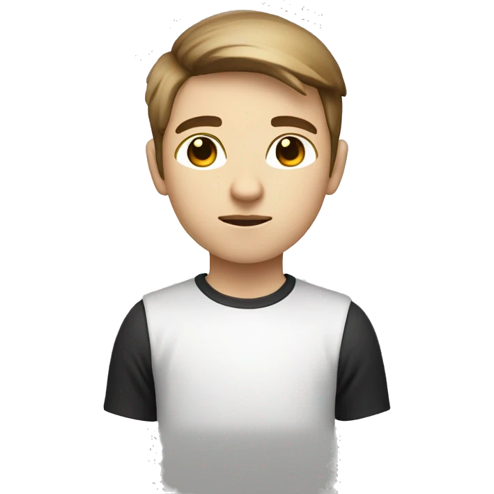 Young programmer boy, with white skin color, straight light brown hair thrown to the right side and with a gradient, dark brown eyes, black  emoji