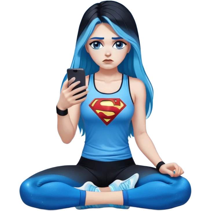 Shameful disappointed crying-very very very very big chest-texting on a samsung cell phone-very long straight flowing black to sky blue hair ombre-blue eyes-black eyeliner-long eyelashes-plastic sparkling sky blue very low cut tank top with sparkling superman logo-black leggings-nike sneakers emoji