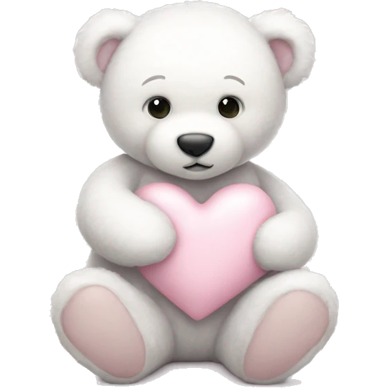 A cute, soft white teddy bear gently holding a pastel pink heart, exuding a sweet and gentle vibe.  emoji