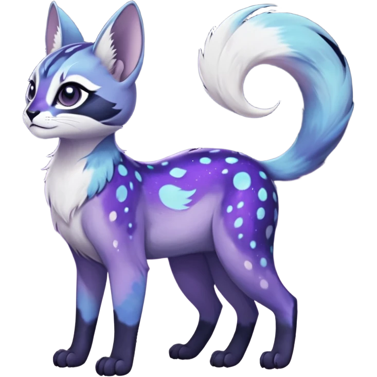 Colorful black-violet-indigo-purple-gradients nebulae nebula starry galactical shiny white-stars-spotted glorious iridescent divine exotic cute cool beautiful realistic Meloetta-caracal-civet-sergal-oncilla-animal-Fakémon-hybrid-fursona (full body) emoji
