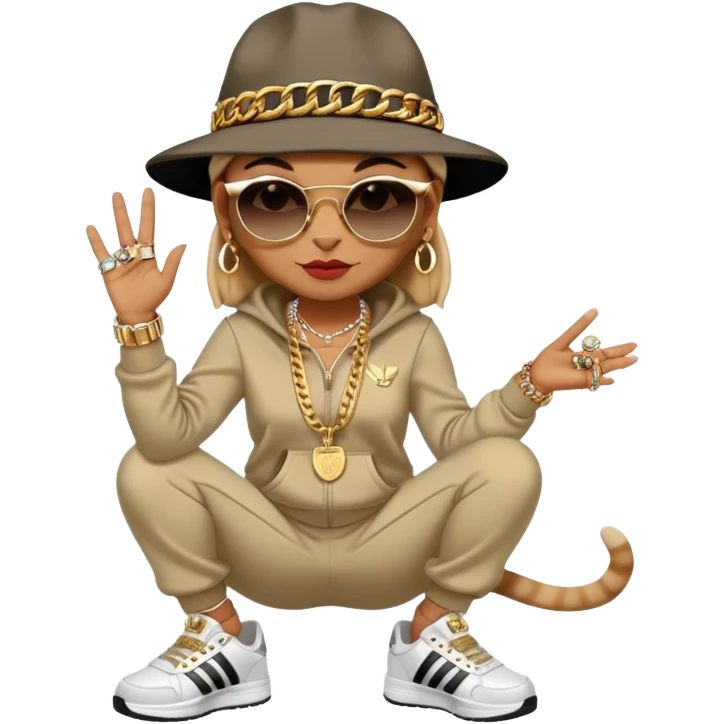female cat walking upright, Run DMC hip-hop outfit, tracksuit, fedora, Adidas sneakers, dark sunglasses, many gold chains, bling accessories rings bracelets earrings emoji
