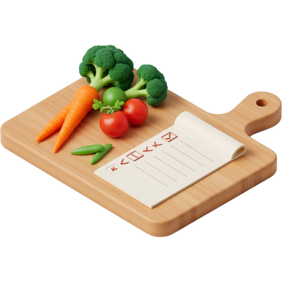 3D isometric illustration of a wooden cutting board with fresh vegetables (carrot, broccoli, tomato, peas), a paper grocery list with checkboxes, soft lighting, realistic textures, floating shadows, minimalistic style, dark background, modern food planning app aesthetic emoji