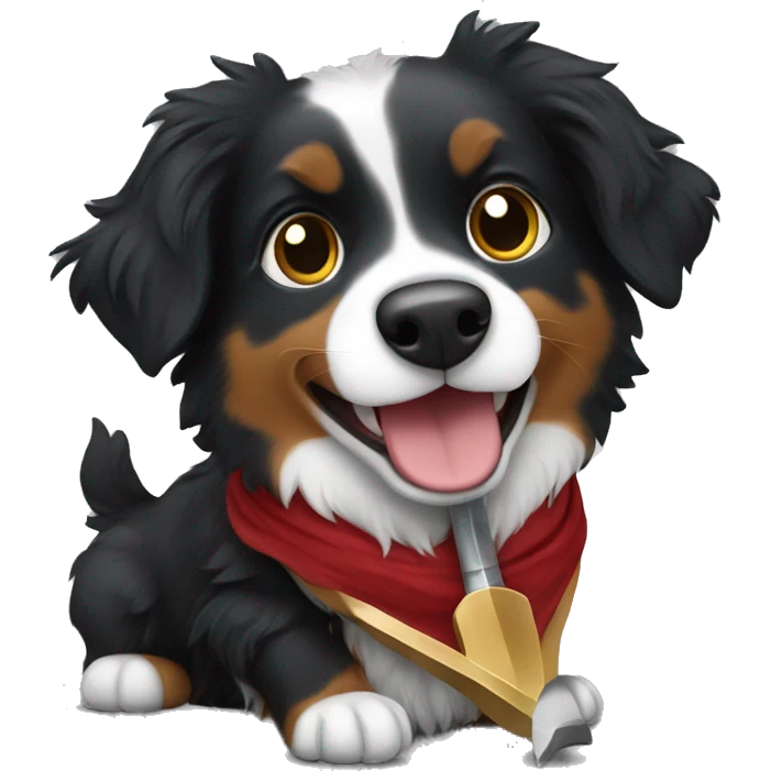 Small black australian shepherd dog with a sword emoji