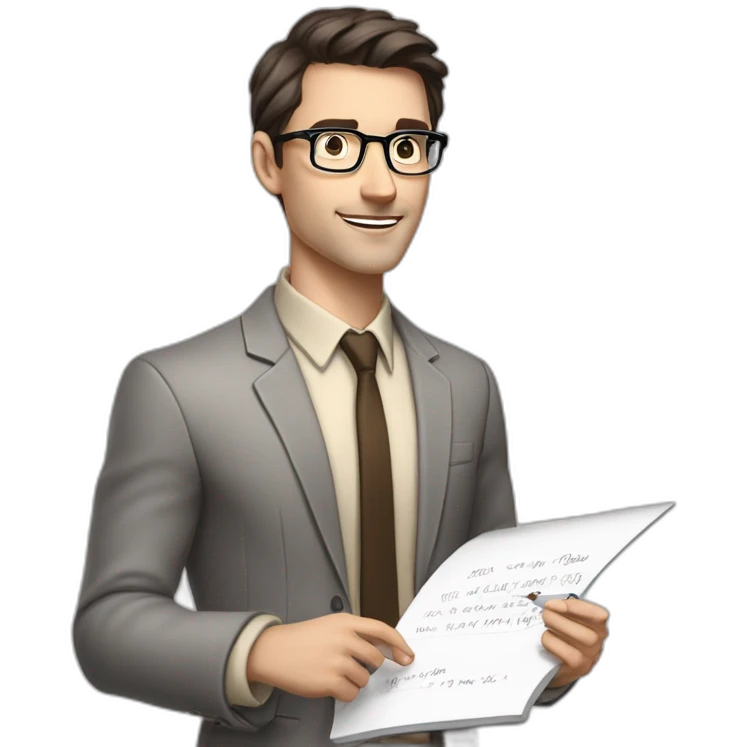 Pale skinned fit man with dark brown hair in gray jacket, beige office shirt, brown tie, brown pants and vintage glasses Writing text on the flipchart emoji
