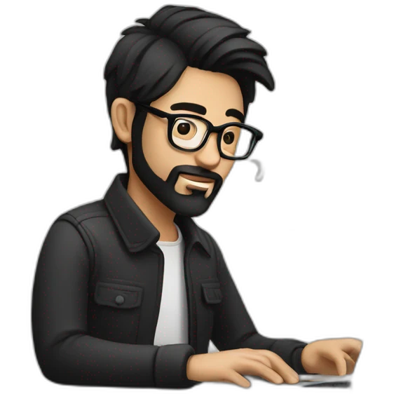 Designer with black hair, beard and glasses working with MacBook and drinking cappuccino  emoji