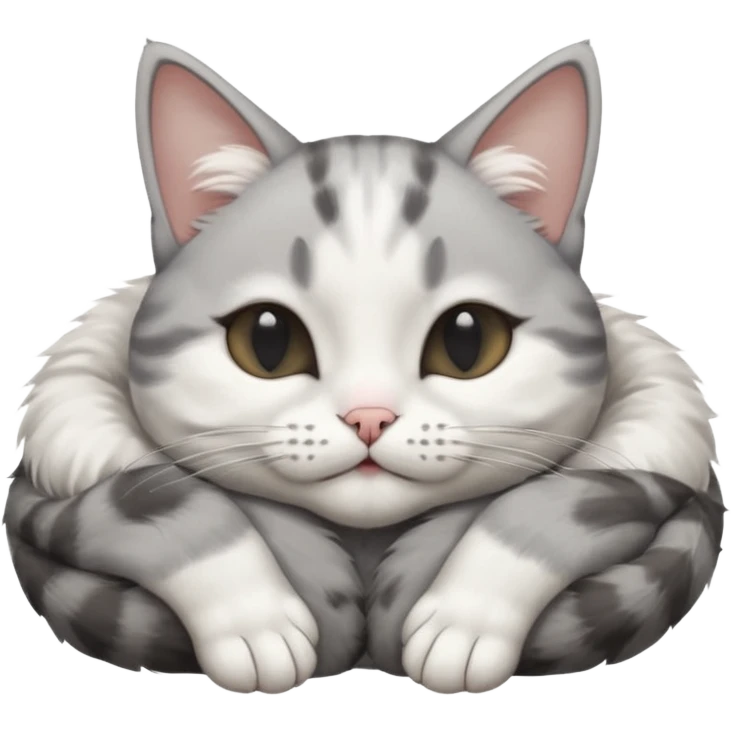 grey and white small cat with eyes closed lying down upside down with its paws/arms tightly covering its own face emoji
