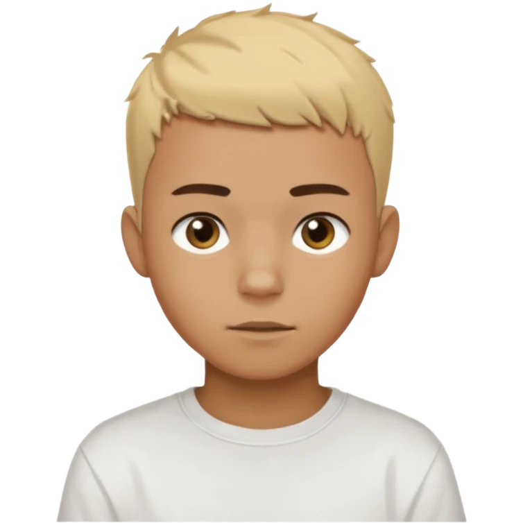Short buzz, messy blonde hair. Dark brown bushy eyebrows large expressive golden-brown eyes, wearing a plain white t-shirt. Male Teenager. Brown skin color.  emoji