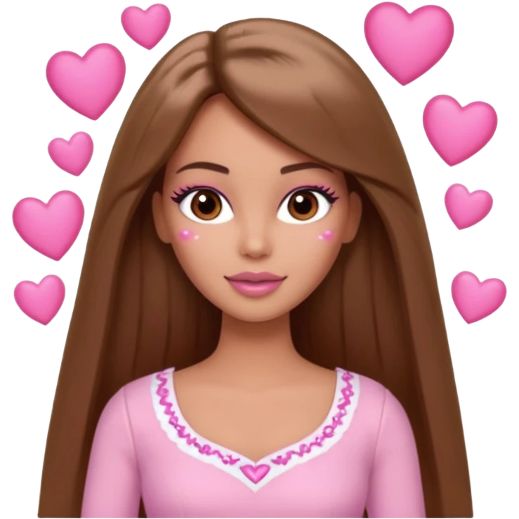 Barbie girl and  makeup , brown long straight hair and brown eyes is In pale pink clothes There are pink hearts all around emoji