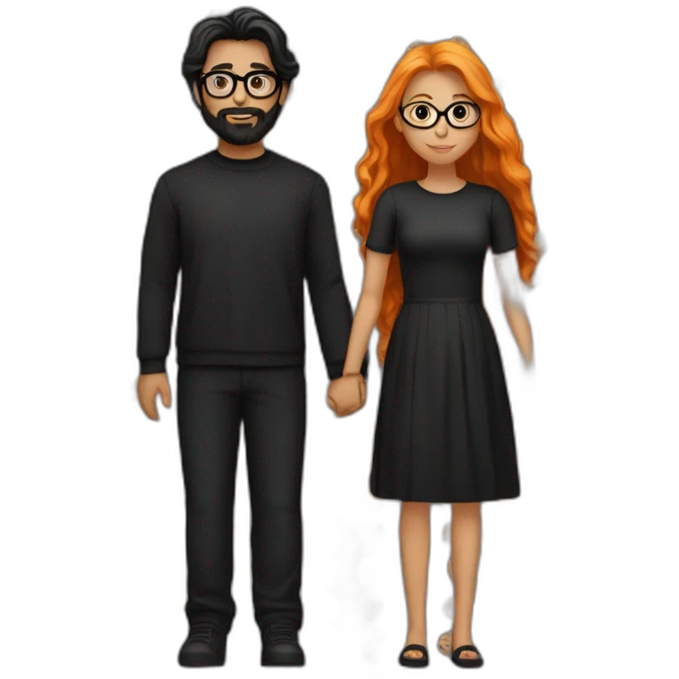 girl with long orange hair wearing all black and holding hands with boy with dark hair and beard and glasses emoji