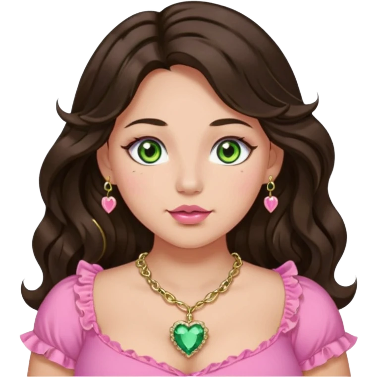 Girl long wavy dark brown hair with middle part. green gold eyes, plus size, pink frilly top, right nostril gold nose ring, small pink heart crystal necklace  emoji