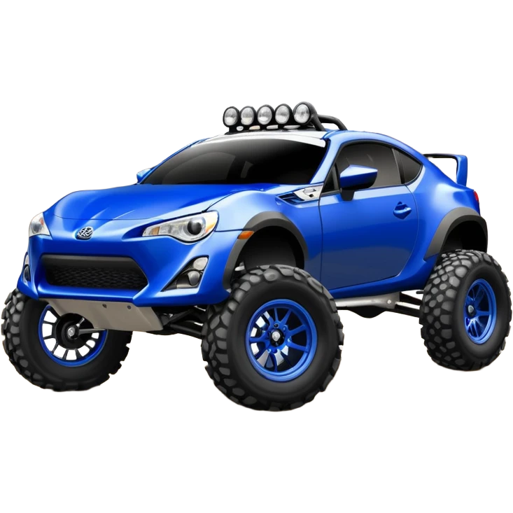 Dirty raced redneck jacked 2013 scion fr-s ultramarine off road 4wd monster Baja dessert stadium rock racer number 86 with long travel suspension, shiny silver wheels, exaggerated wide black fender flares  emoji
