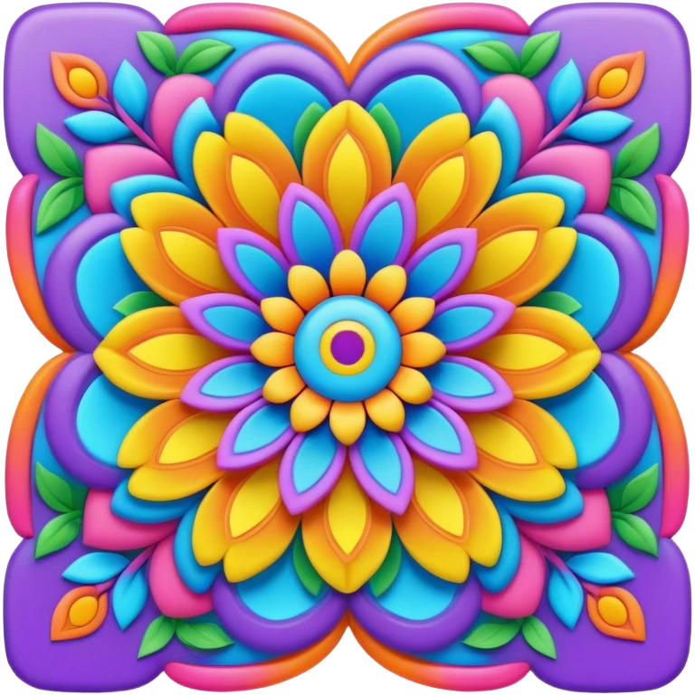 Create a 3D ultra detailed psychedelic colored square shaped hippie style flower border emoji