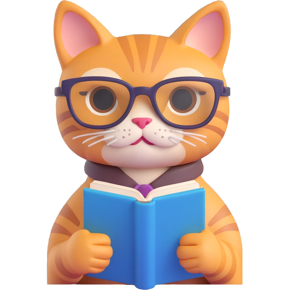 3D ios style cat with glasses and a book emoji