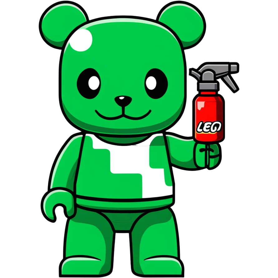 Lego style bearbrick with wild graffiti art patterns, X eyes, holding a spray paint can, vibrant colors emoji