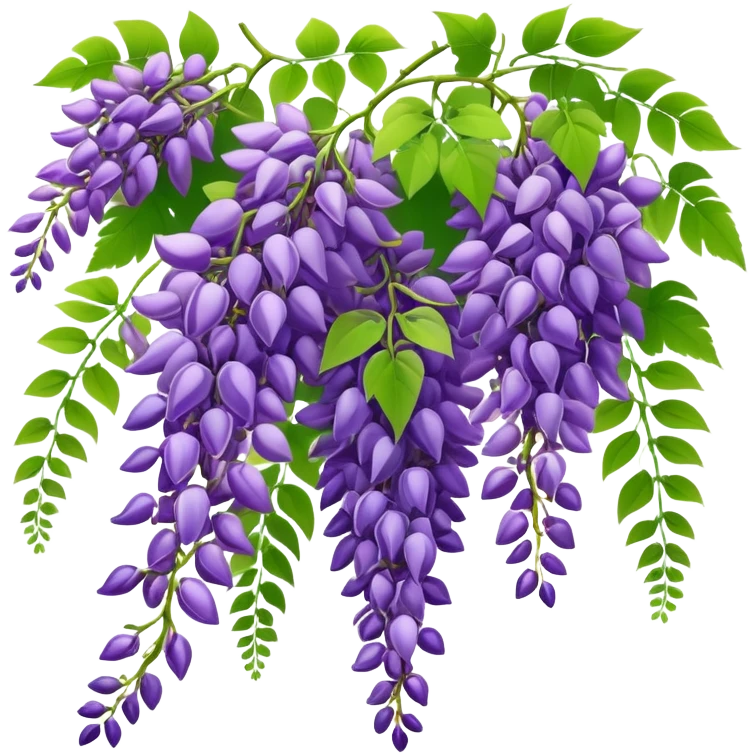 Beautiful wisteria with long cascading clusters of purple flowers hanging like grapes, with delicate green pinnate leaves emoji