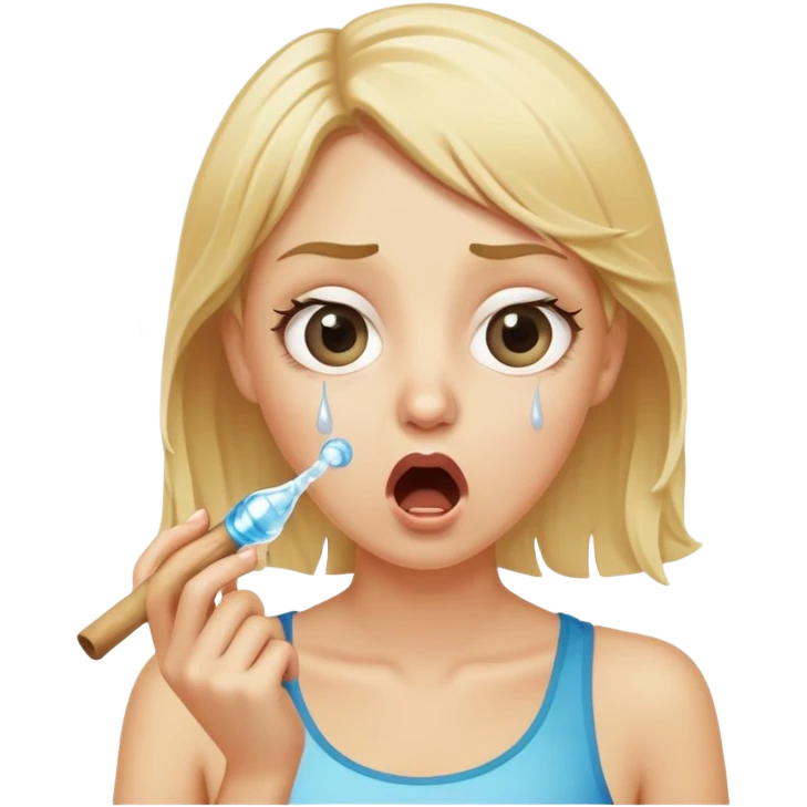 blond woman with wide eyes, holding a skin-colored stick, water squirting from the stick into her mouth, shocked face emoji