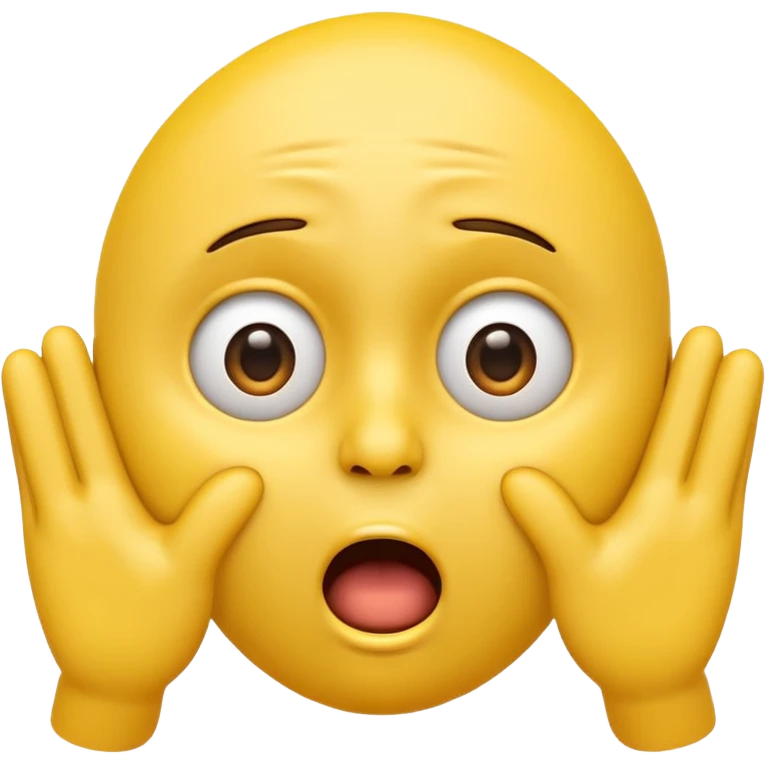 A 3D glossy yellow emoji of a shocked horrified face, with mouth and eyes are wide open, eyebrows  raised, and hands against their cheeks, face has no nose, black background, high quality, soft studio lighting emoji