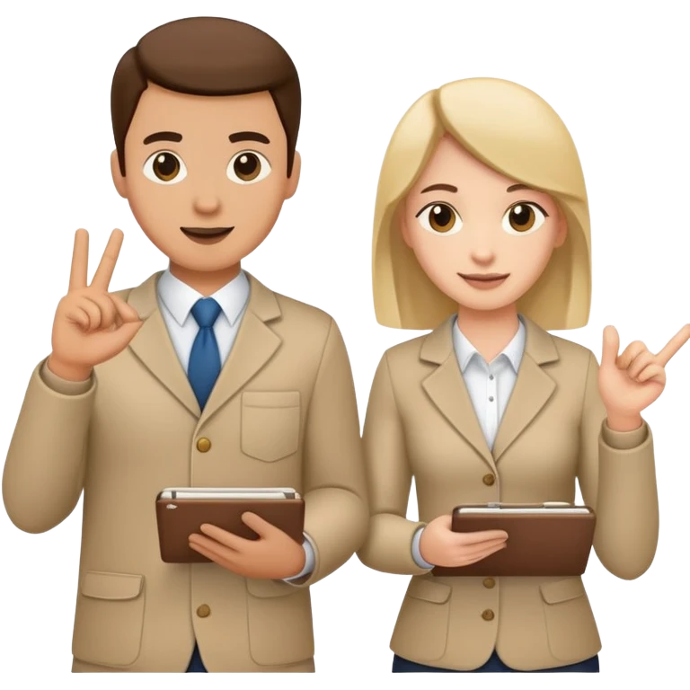 Two team members facing each other, one holding a notepad and the other gesturing, in a collaborative pose emoji