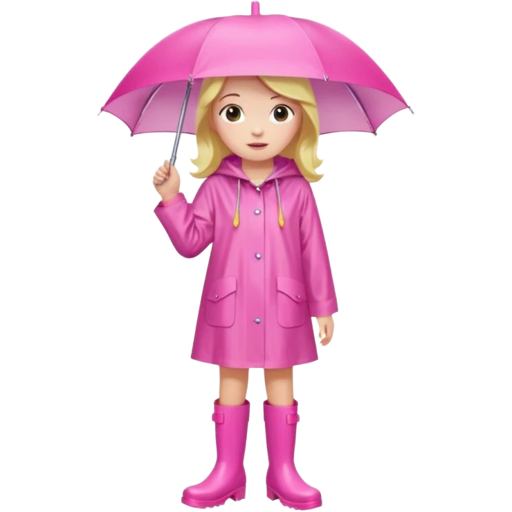 Girl in Pink wide dress raincoat pink rainboots in rain emoji