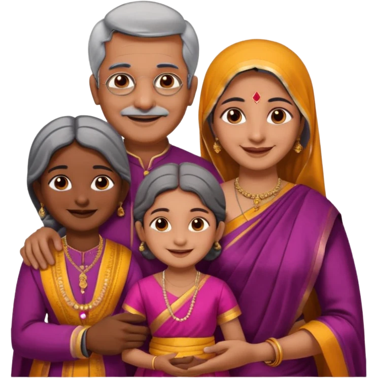 South indian family with a 70 years old father and mother and a 40 years old daughter. They wear a traditional dress. They are smiling. emoji