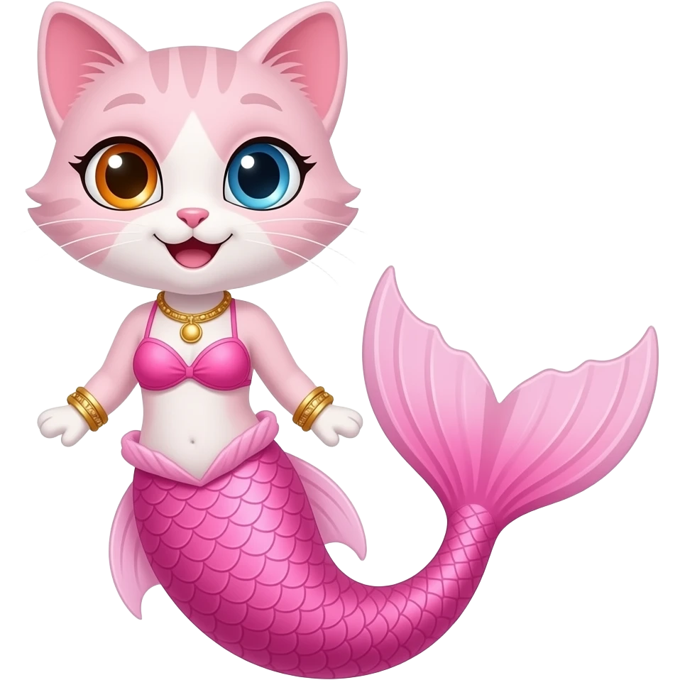 a light pink cat with orange eye blue eye smile  #E37383 hair golden bracelets #FFB6C1 top bikini #FF69B4 mermaid tail with #F8C8DC tail fins emoji