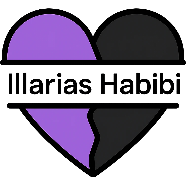 split black and purple heart, with 'Illarias Habibi' written across the middle in a modern font emoji