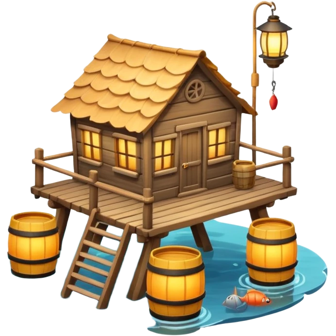 
fisherman house on a wooden pier, small dock, fishing nets hanging, barrels, lantern, ocean vibe, 3D cartoon, cute mobile game icon, clean background, no text
 emoji