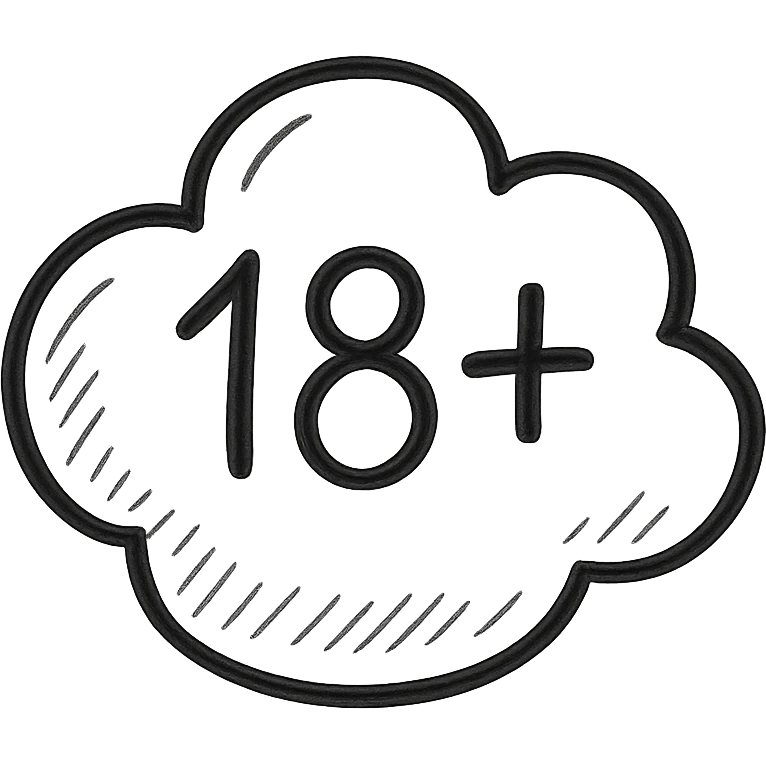 hand-drawn style 18+ badge in the shape of a cloud, with bold outlines, simple shadows and highlights for volume, clear '18+' text in the center, playful ficwriter style emoji