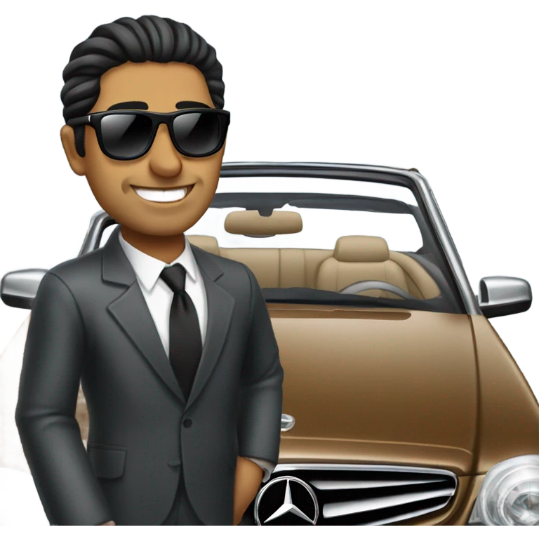 Latino Businessman with sunglasses standing in front of black Mercedes convertible emoji